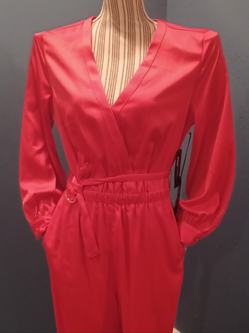 New York & Company Reddish/orange Long-Sleeve Wrap Jumpsuit with Belt